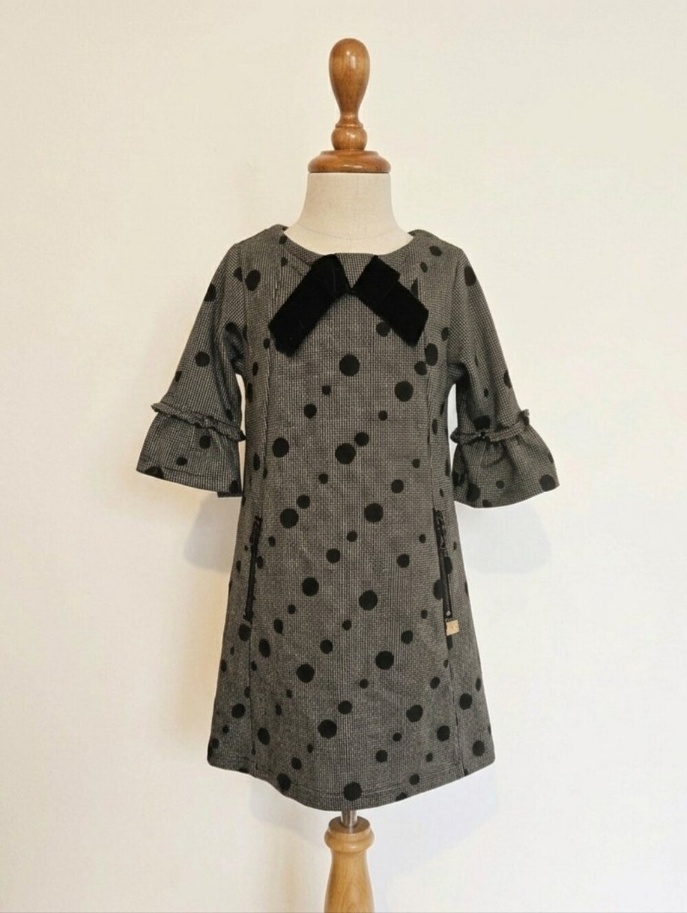 Deux Par Deux Black and Gray Houndstooth Polka Dot Dress Size 5/110cm